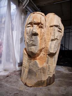 Annabelle Hyvrier, Woman with two heads, cedar and iron, Ht: 160cm, 2013